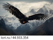 An Andean Condor soaring gracefully over the rugged peaks of the Andes Mountains. Стоковое AI-изображение, AI-художник Veniamin Kraskov / Фотобанк Лори