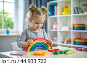 Toys. A little girl is playing educational games. A rainbow-shaped children's toy, colored pyramids and logic toys for children. Montessori games for child development. Стоковое AI-изображение, AI-художник Photojuli / Фотобанк Лори