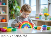 Toys. A little boy is playing educational games. A rainbow-shaped children's toy, colored pyramids and logic toys for children. Montessori games for child development. Стоковое AI-изображение, AI-художник Photojuli / Фотобанк Лори
