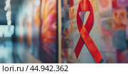 Ribbons with the cancer awareness symbol displayed on posters  hanging on the wall in an indoor space. Стоковое AI-изображение, AI-художник Anastacia Gaikova / Фотобанк Лори