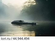 A gharial, a long-snouted crocodile with a narrow muzzle, swims on a quiet river. Стоковое AI-изображение, AI-художник Veniamin Kraskov / Фотобанк Лори