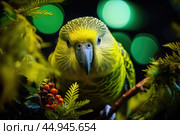Kakapo parrot revels in its natural habitat surrounded by lush greenery. Стоковое AI-изображение, AI-художник Veniamin Kraskov / Фотобанк Лори