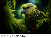 Kakapo parrot revels in its natural habitat surrounded by lush greenery. Стоковое AI-изображение, AI-художник Veniamin Kraskov / Фотобанк Лори