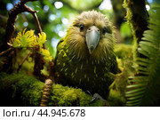 Kakapo parrot revels in its natural habitat surrounded by lush greenery. Стоковое AI-изображение, AI-художник Veniamin Kraskov / Фотобанк Лори