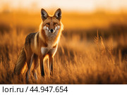 A majestic Maned Wolf stands tall in the golden glow of the South American savannah. Стоковое AI-изображение, AI-художник Veniamin Kraskov / Фотобанк Лори