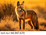 A majestic Maned Wolf stands tall in the golden glow of the South American savannah. Стоковое AI-изображение, AI-художник Veniamin Kraskov / Фотобанк Лори
