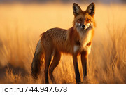 A majestic Maned Wolf stands tall in the golden glow of the South American savannah. Стоковое AI-изображение, AI-художник Veniamin Kraskov / Фотобанк Лори