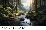 Serenity unfolds in tranquil, undisturbed natural landscapes. Стоковое AI-изображение, AI-художник Veniamin Kraskov / Фотобанк Лори