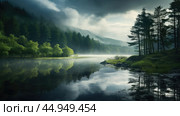 Serenity unfolds in tranquil, undisturbed natural landscapes. Стоковое AI-изображение, AI-художник Veniamin Kraskov / Фотобанк Лори