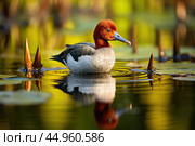 The elusive Madagascar Pochard, a rare and endangered duck species. Стоковое AI-изображение, AI-художник Veniamin Kraskov / Фотобанк Лори