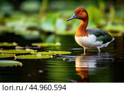 The elusive Madagascar Pochard, a rare and endangered duck species. Стоковое AI-изображение, AI-художник Veniamin Kraskov / Фотобанк Лори