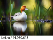 The elusive Madagascar Pochard, a rare and endangered duck species. Стоковое AI-изображение, AI-художник Veniamin Kraskov / Фотобанк Лори