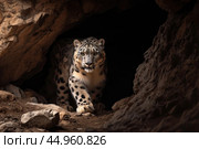 A snow leopard displaying its stealth and predatory instincts in the shadows of a rocky landscape. Стоковое AI-изображение, AI-художник Veniamin Kraskov / Фотобанк Лори