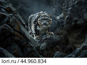 A snow leopard displaying its stealth and predatory instincts in the shadows of a rocky landscape. Стоковое AI-изображение, AI-художник Veniamin Kraskov / Фотобанк Лори