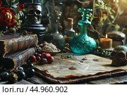 Still life featuring antique books, a skull, and a green potion bottle with copy space. Стоковое AI-изображение, AI-художник Иван Рябоконь / Фотобанк Лори