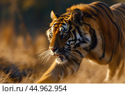 A dynamic photograph capturing the intense energy of a tiger in mid-pounce. Стоковое AI-изображение, AI-художник Veniamin Kraskov / Фотобанк Лори