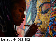 A woman artist creating a vibrant mural that pays homage to African culture and history. Стоковое AI-изображение, AI-художник Veniamin Kraskov / Фотобанк Лори