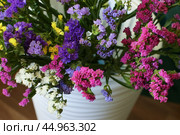 Bouquet of multicolored flowers in a vase (Limonium sinuatum, Statice sinuata) on a green background. Стоковое фото, фотограф Ирина Вершинская / Фотобанк Лори