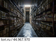 Narrow passageway filled with bookshelves holding dusty books. Стоковое AI-изображение, AI-художник Иван Рябоконь / Фотобанк Лори