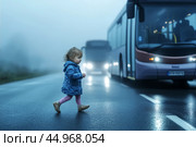 Small child suddenly ran out onto road in front of an approaching bus. Стоковое AI-изображение, AI-художник Владимир Григорьев / Фотобанк Лори