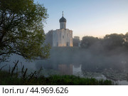 Старинная церковь Покрова на Нерли в тумане ранним утром. Боголюбово, Золотое кольцо. Стоковое фото, фотограф Анна Карасева / Фотобанк Лори