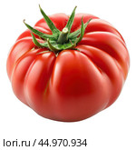 Ripe red heirloom tomato with green stem isolated on white background. Стоковое AI-изображение, AI-художник Иван Рябоконь / Фотобанк Лори