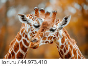 Two giraffes close together, gently nuzzling in a display of affection and connection. Стоковое AI-изображение, AI-художник Veniamin Kraskov / Фотобанк Лори