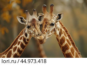 Two giraffes close together, gently nuzzling in a display of affection and connection. Стоковое AI-изображение, AI-художник Veniamin Kraskov / Фотобанк Лори