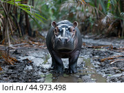 The pygmy hippopotamus is a small, shy, semi-aquatic mammal native to the forests and swamps of West Africa. Стоковое AI-изображение, AI-художник Veniamin Kraskov / Фотобанк Лори