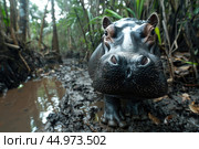 The pygmy hippopotamus is a small, shy, semi-aquatic mammal native to the forests and swamps of West Africa. Стоковое AI-изображение, AI-художник Veniamin Kraskov / Фотобанк Лори
