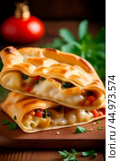 Turkish puff pastry burek flatbread with vegetables and cheese, garnished with herbs. Стоковое AI-изображение, AI-художник Алла Чесноковва / Фотобанк Лори