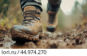 Hiker navigating a muddy trail during a rainy day in a forested area. Стоковое AI-изображение, AI-художник Юлия Гапеенко / Фотобанк Лори