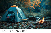 Connecting with nature: bivouac, hiking, and campfire vibes. Стоковое AI-изображение, AI-художник Сергей Бирюков / Фотобанк Лори