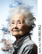 Elderly woman with wrinkles on her face looking into the distance. She has a city superimposed on the background. Стоковое AI-изображение, AI-художник Данила Большаков / Фотобанк Лори