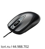 Black wireless computer mouse resting on white background. Стоковое AI-изображение, AI-художник Иван Рябоконь / Фотобанк Лори