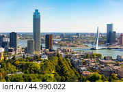 Attractive view of renowned Erasmusbrug (Swan Bridge) in Rotterdam in front of port and harbour, Netherlands. Стоковое фото, фотограф Яков Филимонов / Фотобанк Лори