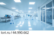 Researchers conduct experiments in a cleanroom laboratory setting during daytime, ensuring controlled conditions for sensitive work. Стоковое AI-изображение, AI-художник Сергей Толмачёв / Фотобанк Лори