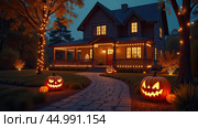 Halloween glowing decor on the facade of the house outside made of pumpkins, garlands, Jack Latern, candles. Halloween party In the evening at dusk. AI generated. Стоковое AI-изображение, AI-художник Ольга Симонова / Фотобанк Лори