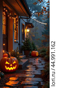 Halloween decor on the porch of the house made of pumpkins, garlands, Jack Latern, candles. Halloween party In the evening at dusk. AI generated. Стоковое AI-изображение, AI-художник Ольга Симонова / Фотобанк Лори