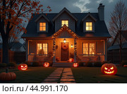 Halloween glowing decor on the facade of the house outside made of pumpkins, garlands, Jack Latern, candles. Halloween party In the evening at dusk. AI generated. Стоковое AI-изображение, AI-художник Ольга Симонова / Фотобанк Лори