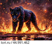 Black panther running in sparks and flames. Стоковое AI-изображение, AI-художник Сергей Елизарьев / Фотобанк Лори