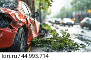 Red car wrecked and dented after crashing into tree on city street. Стоковое AI-изображение, AI-художник Юрий Поздников / Фотобанк Лори