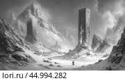 A lone figure explores a vast frozen landscape marked by towering stone monoliths amid snowy peaks in a dramatic, desolate environment. Стоковое AI-изображение, AI-художник Сергей Толмачёв / Фотобанк Лори