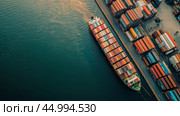 Aerial view of a container ship navigating a busy port during sunset, surrounded by colorful shipping containers and calm waters. Стоковое AI-изображение, AI-художник Сергей Толмачёв / Фотобанк Лори