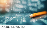 Pencil Placed on Blue Graph Paper With Mathematical Equations in Bright Lighting. Стоковое AI-изображение, AI-художник Юлия Гапеенко / Фотобанк Лори