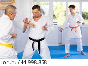 Experienced karate fighter practicing martial art techniques in training kumite. Стоковое фото, фотограф Яков Филимонов / Фотобанк Лори