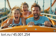 Family having fun riding rollercoaster in amusement park. Стоковое AI-изображение, AI-художник Юрий Поздников / Фотобанк Лори