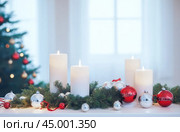Holiday season backdrop, showcasing a dazzling display of lights, an array of red and gold Christmas trinkets spread on a white, snow-mimicking setting, Christmas celebrations. Стоковое AI-изображение, AI-художник Павел Муравьев / Фотобанк Лори