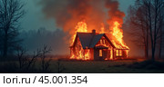 Rural house fire disaster at twilight, fierce flames consuming building completely, thick black smoke ascending to sky, isolated property on grassy field with dark forest outline. Стоковое AI-изображение, AI-художник Павел Муравьев / Фотобанк Лори