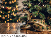 Happy New Year 2025. The symbol of the year is a green snake on the background of a Christmas tree. A festive poster or banner for a party and New Year's Eve. Стоковое AI-изображение, AI-художник Photojuli / Фотобанк Лори
